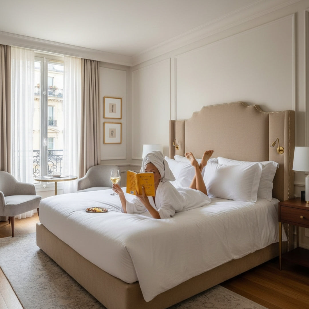 Femme détendue lisant dans une chambre lumineuse au style parisien, illustrant l’atmosphère apaisante du parfum d’intérieur OPALE de Maison Cyrelle