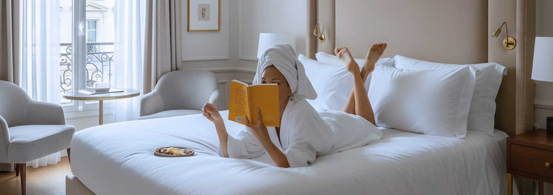 Femme détendue lisant dans une chambre lumineuse au style parisien, illustrant l’atmosphère apaisante du parfum d’intérieur OPALE de Maison Cyrelle