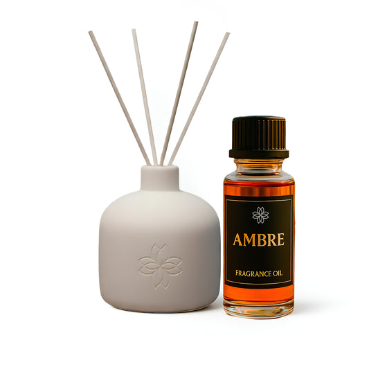 Diffuseur à bâtonnets Ambre avec huile parfumée, collection Maison Cyrelle, parfum d'intérieur oriental et enveloppant