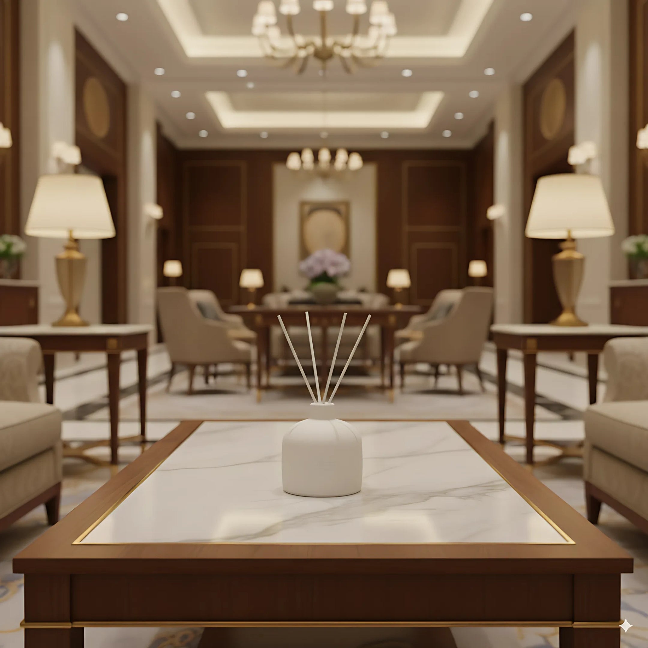 Diffuseur de parfum d'intérieur Maison Cyrelle sur une table en marbre dans le hall d’un hôtel de luxe