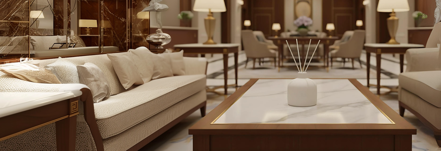 Diffuseur de parfum d'intérieur Maison Cyrelle sur une table en marbre dans le hall d’un hôtel de luxe