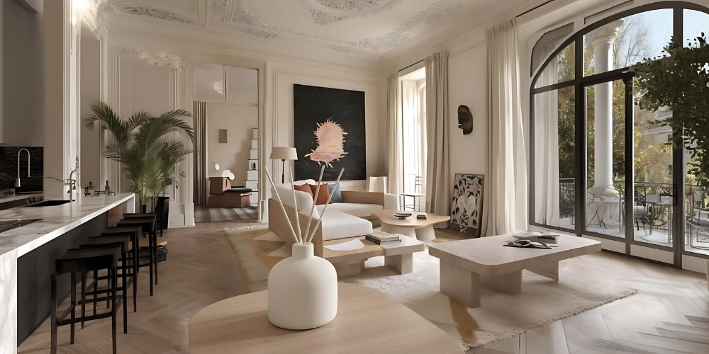 Diffuseur de parfum maison Maison Cyrelle dans un salon lumineux et élégant avec vue sur jardin