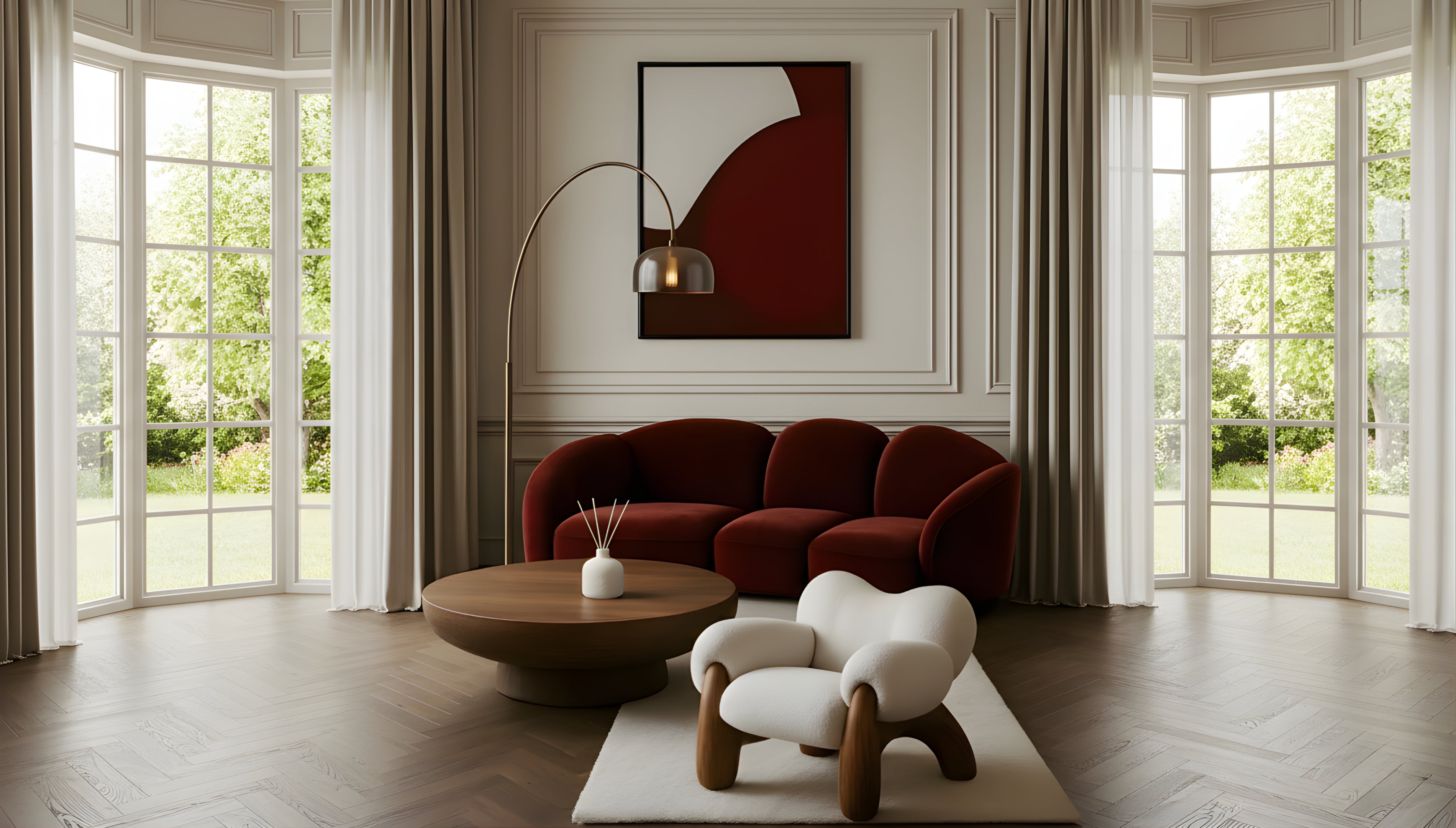 Salon parisien élégant aux tons chauds, avec diffuseur Maison Cyrelle posé sur la table basse, évoquant le parfum AMBRE et son atmosphère feutrée