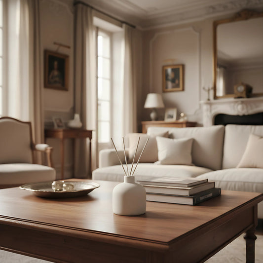 Diffuseur à bâtonnets Maison Cyrelle posé sur une table en bois, créant une ambiance parfumée élégante dans un salon raffiné
