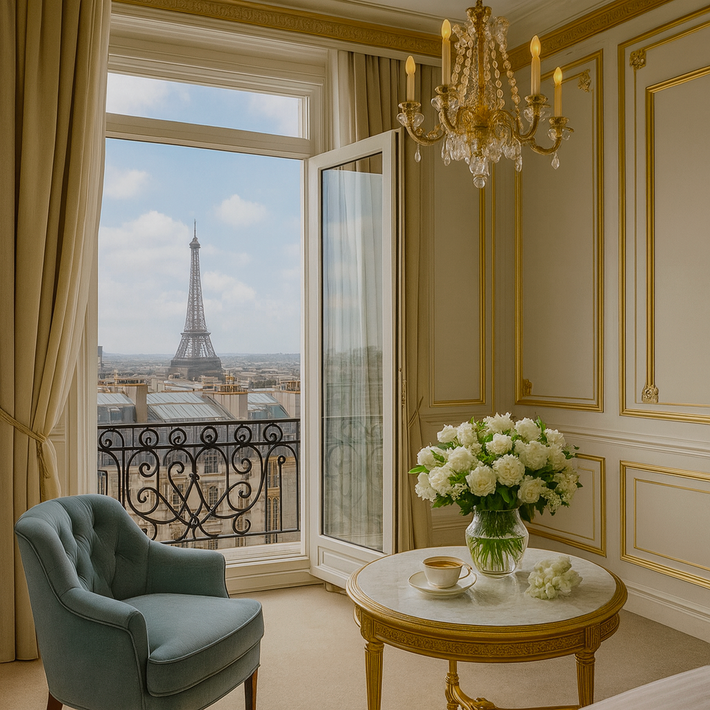 Intérieur parisien élégant avec vue sur la Tour Eiffel, ambiance luxe Maison Cyrelle parfum d'intérieur