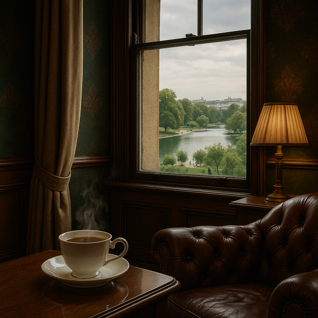 Ambiance raffinée avec fauteuil en cuir et tasse de thé, inspiration luxe britannique pour Maison Cyrelle parfum d'intérieur