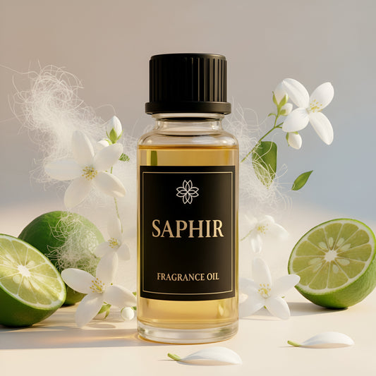 Flacon d’huile parfumée Saphir Maison Cyrelle entouré de fleurs d’oranger et de citron vert pour une senteur fraîche et lumineuse