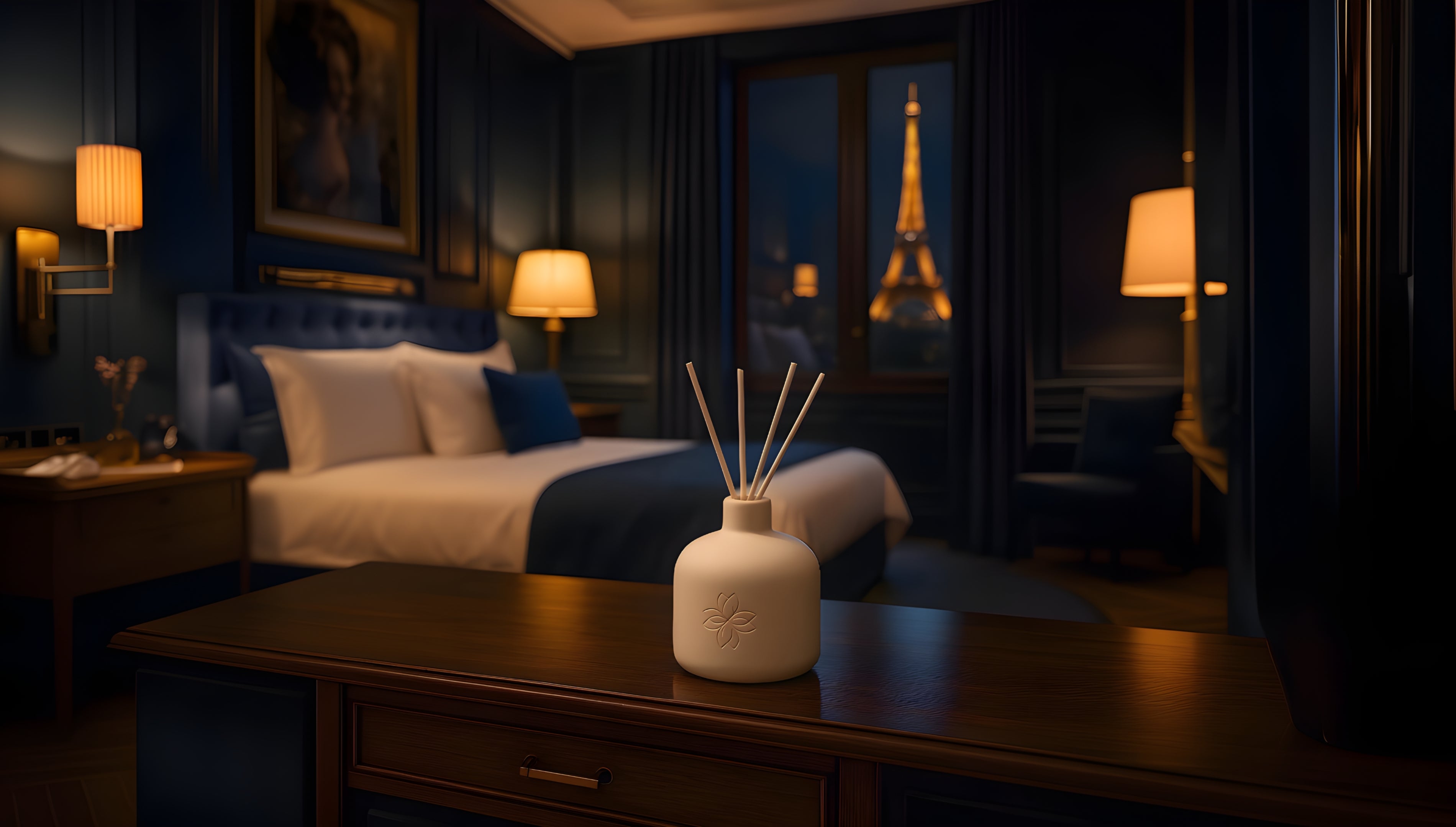Diffuseur Maison Cyrelle posé sur une table de chambre d’hôtel parisienne, vue sur la Tour Eiffel, ambiance chaleureuse et raffinée.