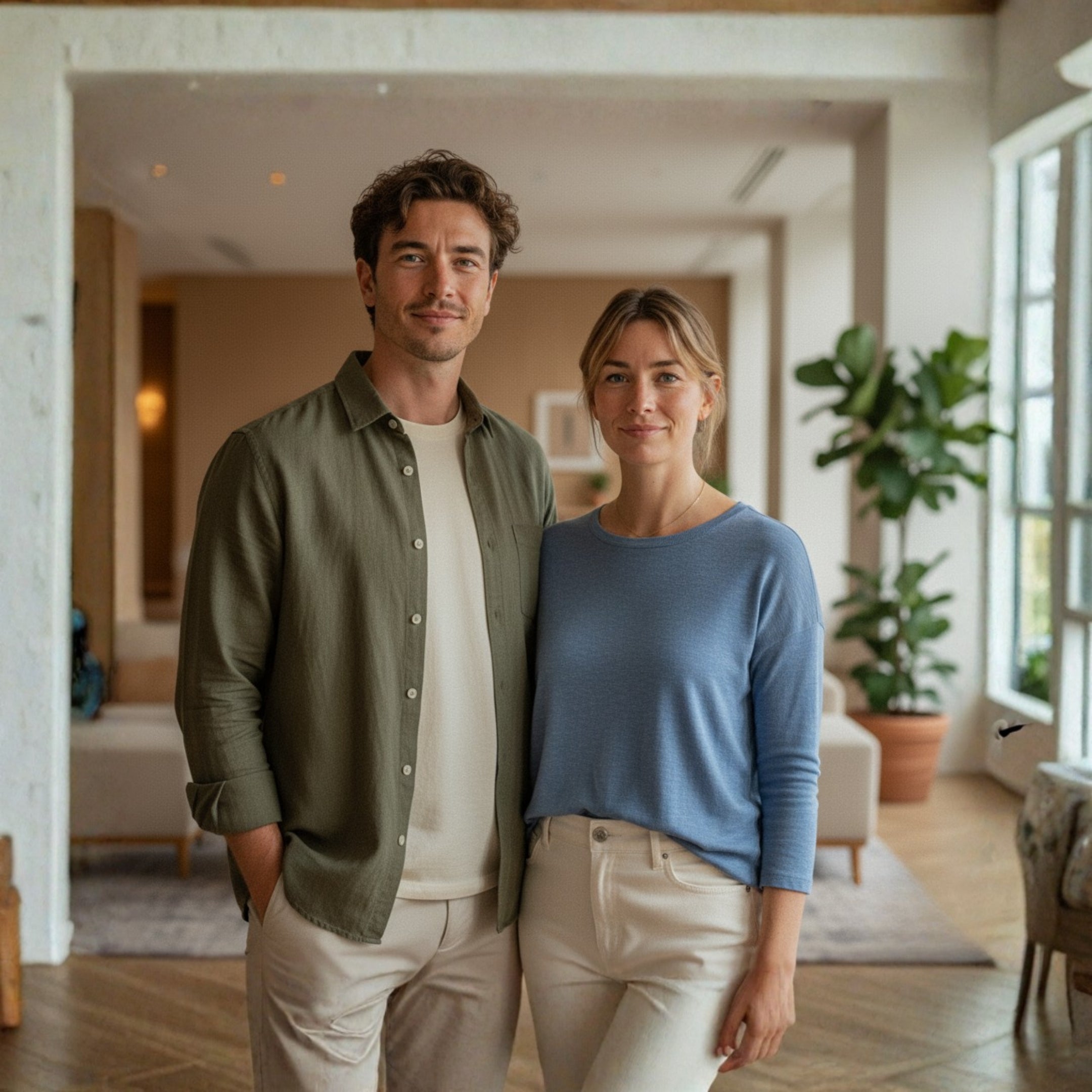 Juliette et Thomas, créateurs de Maison Cyrelle, posant dans leur atelier lumineux dédié à la création de parfums d’intérieur raffinés
