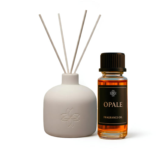 Diffuseur à bâtonnets Opale avec huile parfumée, collection Maison Cyrelle, parfum d'intérieur floral et lumineux