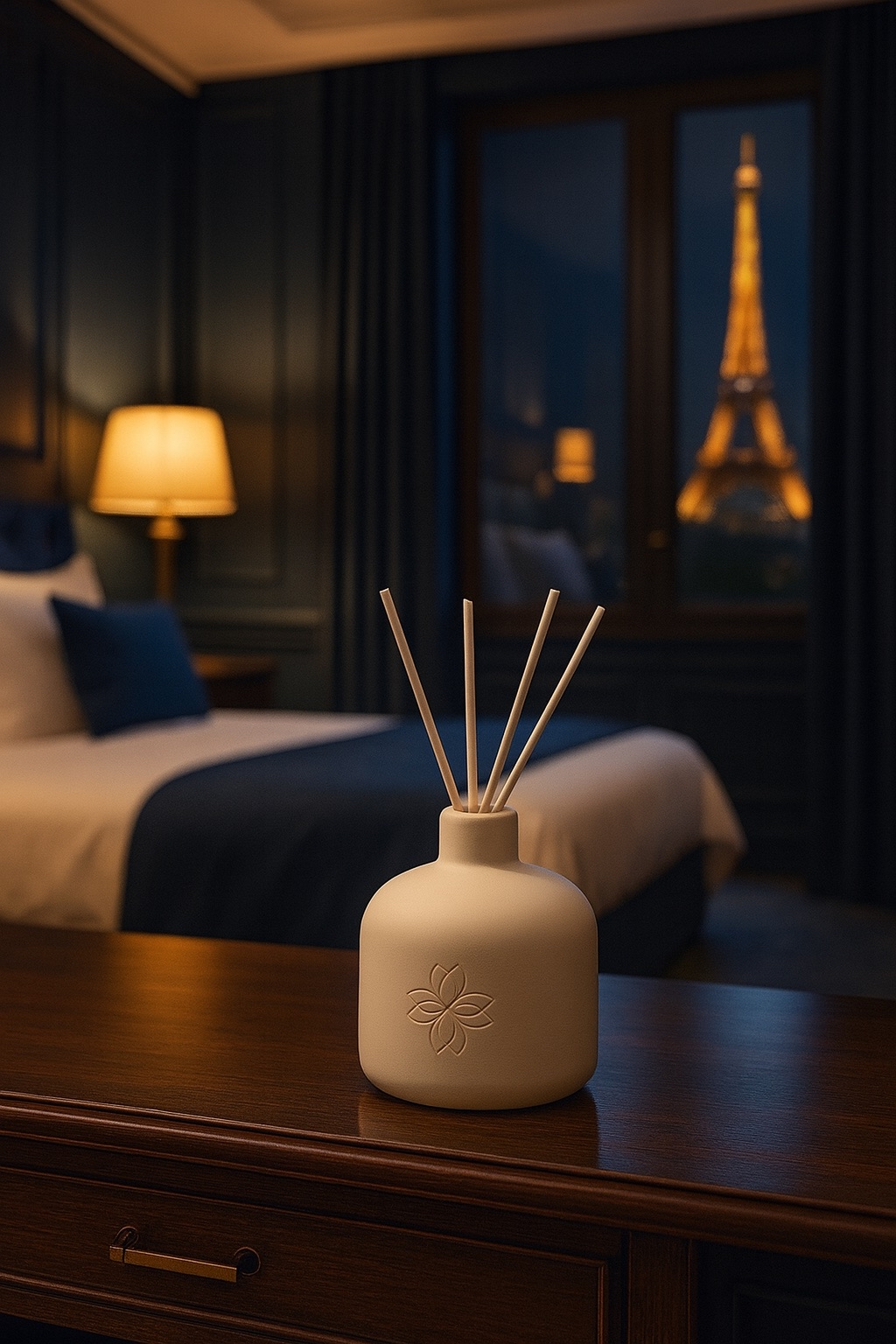 Diffuseur de parfum d'intérieur Maison Cyrelle dans une chambre de luxe à Paris avec vue sur la Tour Eiffel