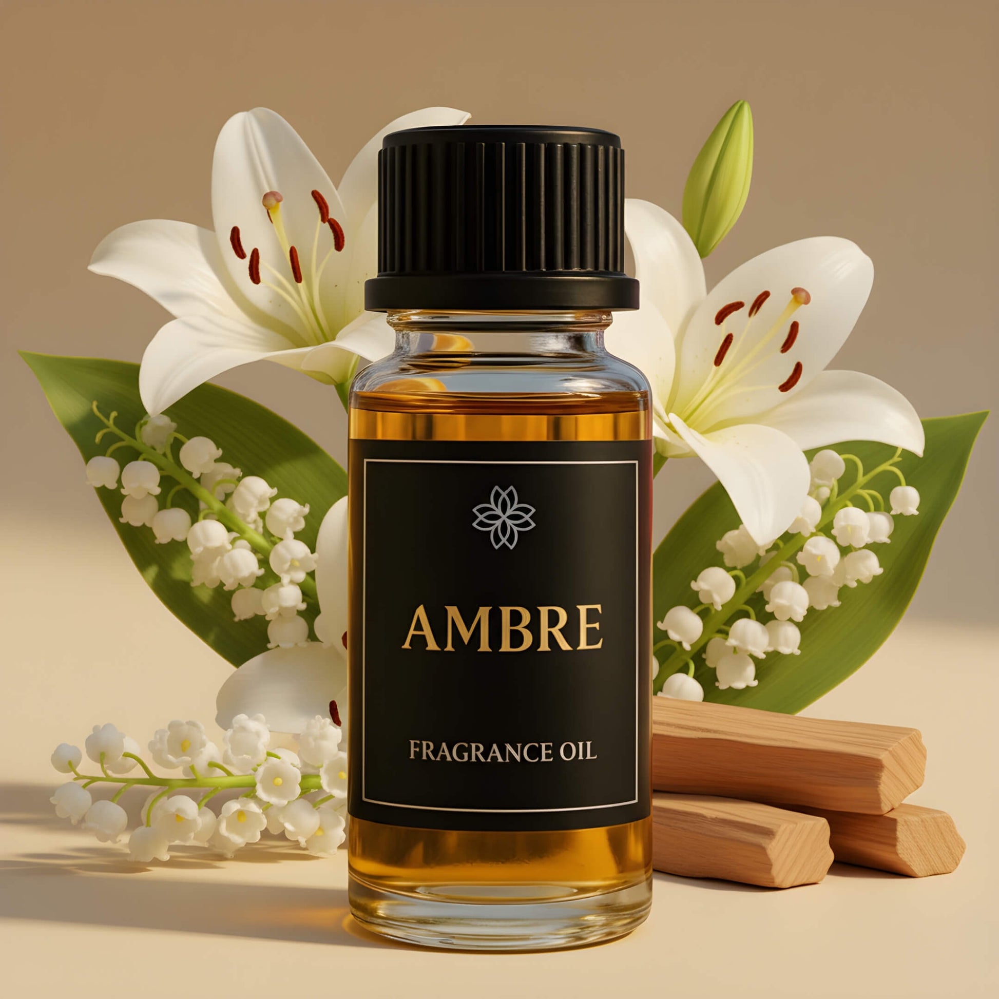 Huile parfumée Ambre Maison Cyrelle — alliance de lys, muguet et bois de santal pour un parfum d’intérieur chaud et élégant