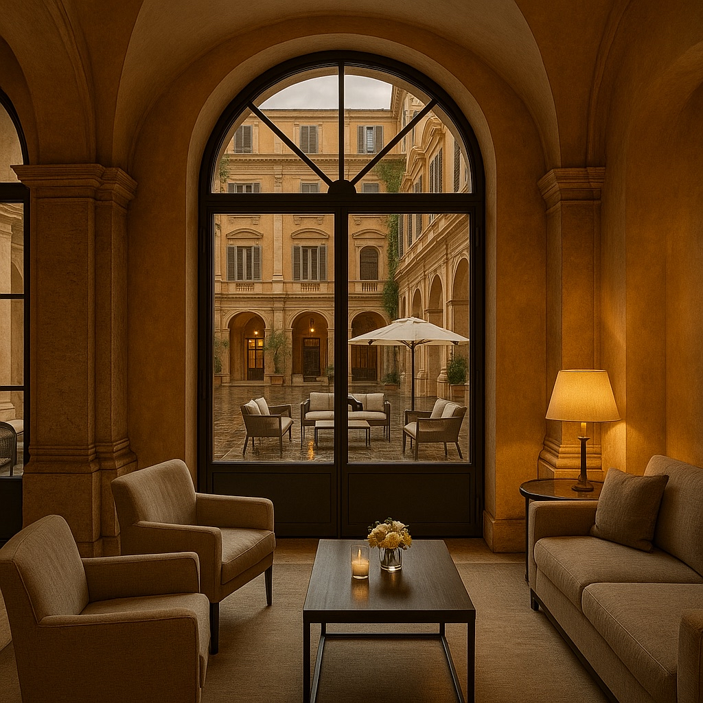Salon d’hôtel à Rome baigné de lumière dorée, ambiance raffinée et chaleureuse inspirant les parfums Maison Cyrelle